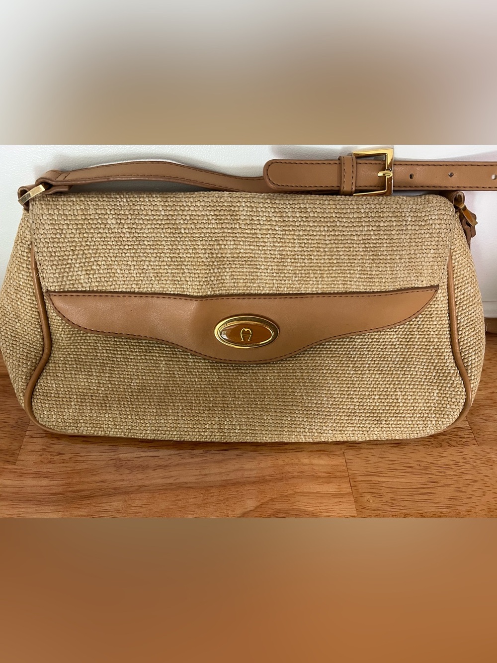 Vintage Woven Etienne Aigner Straw Shoulder Bag with Tan Leather Trim